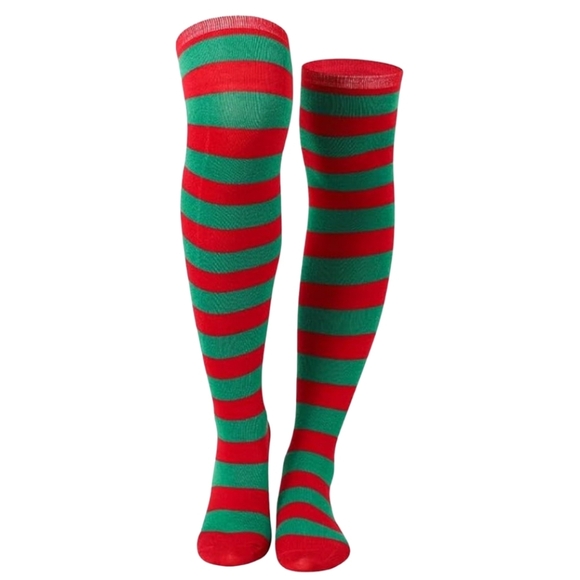 Over the Knee Christmas Striped Elf Socks Red and Green Stripes OTK Thigh High - Picture 4 of 9